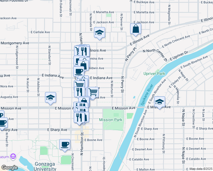 map of restaurants, bars, coffee shops, grocery stores, and more near 1104 East Indiana Avenue in Spokane