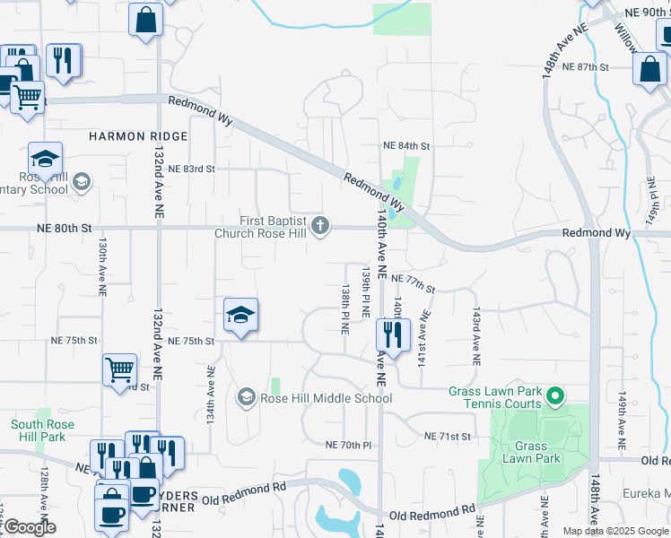 map of restaurants, bars, coffee shops, grocery stores, and more near 13787 Northeast 78th Place in Redmond