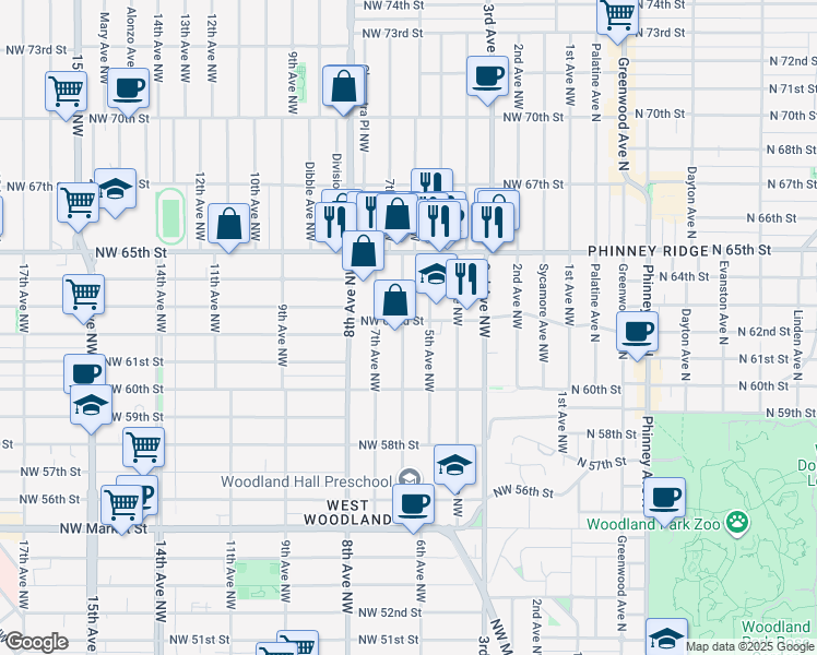 map of restaurants, bars, coffee shops, grocery stores, and more near 6212 6th Avenue Northwest in Seattle