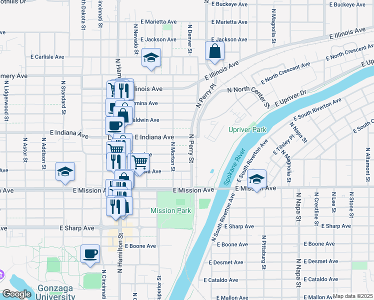 map of restaurants, bars, coffee shops, grocery stores, and more near 1225 East Nora Avenue in Spokane