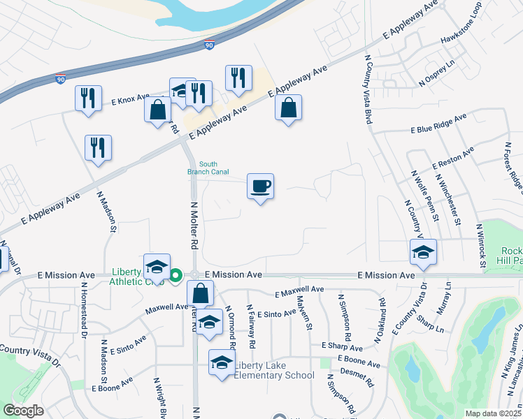 map of restaurants, bars, coffee shops, grocery stores, and more near 24001 East Mission Avenue in Liberty Lake