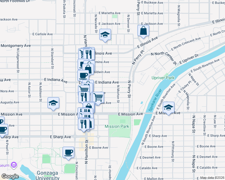 map of restaurants, bars, coffee shops, grocery stores, and more near 1104 East Indiana Avenue in Spokane