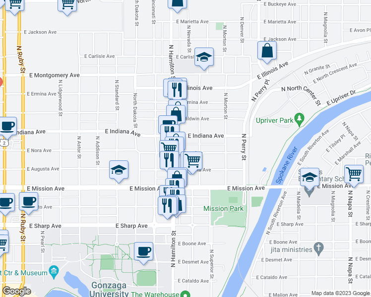 map of restaurants, bars, coffee shops, grocery stores, and more near in Spokane