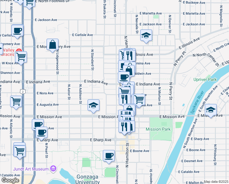 map of restaurants, bars, coffee shops, grocery stores, and more near 718 East Indiana Avenue in Spokane