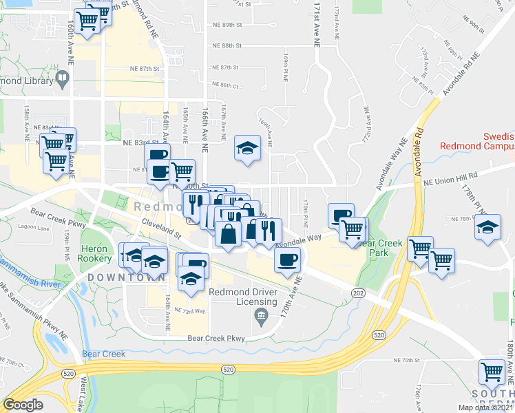 map of restaurants, bars, coffee shops, grocery stores, and more near 7961 168th Avenue Northeast in Redmond