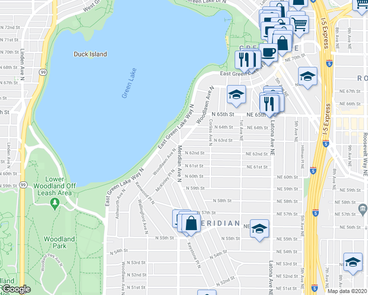 map of restaurants, bars, coffee shops, grocery stores, and more near 2122 North 63rd Street in Seattle