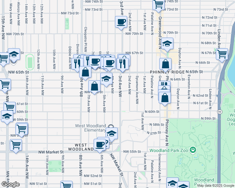 map of restaurants, bars, coffee shops, grocery stores, and more near 300 Northwest 62nd Street in Seattle
