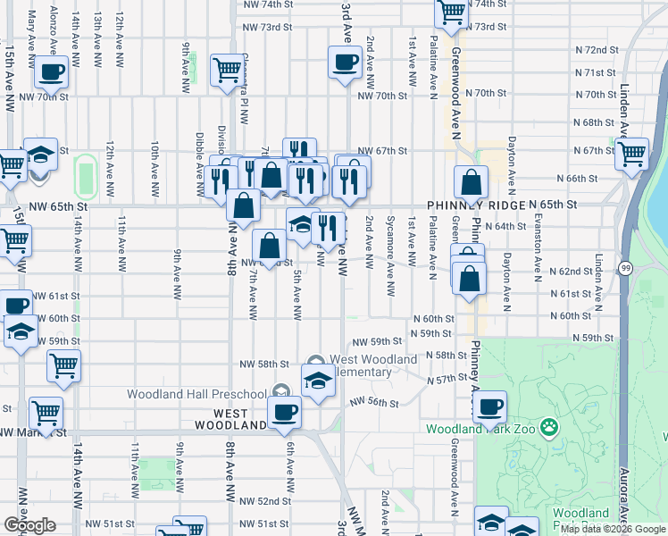 map of restaurants, bars, coffee shops, grocery stores, and more near 300 Northwest 62nd Street in Seattle