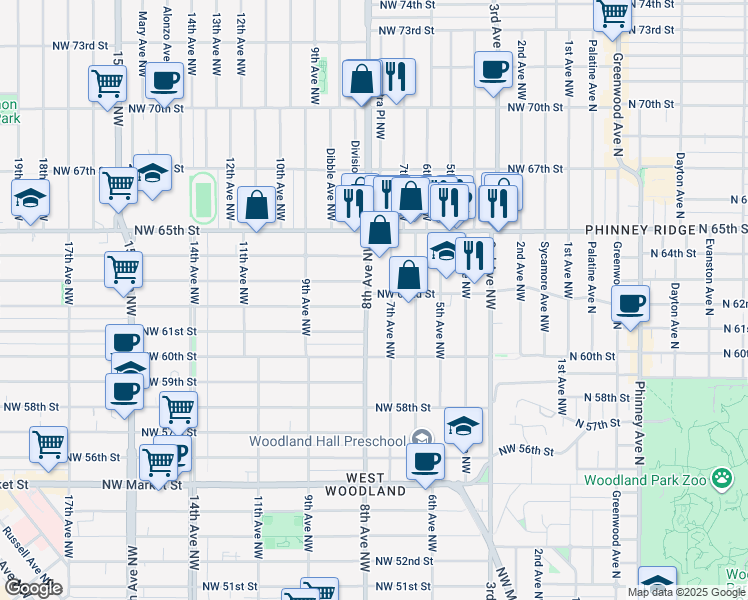 map of restaurants, bars, coffee shops, grocery stores, and more near 6207 7th Avenue Northwest in Seattle