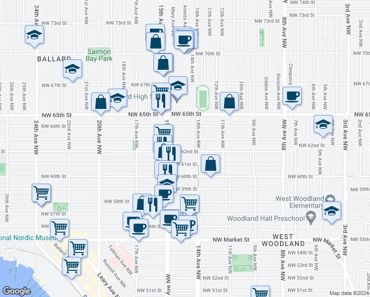 map of restaurants, bars, coffee shops, grocery stores, and more near 1420 Northwest 63rd Street in Seattle