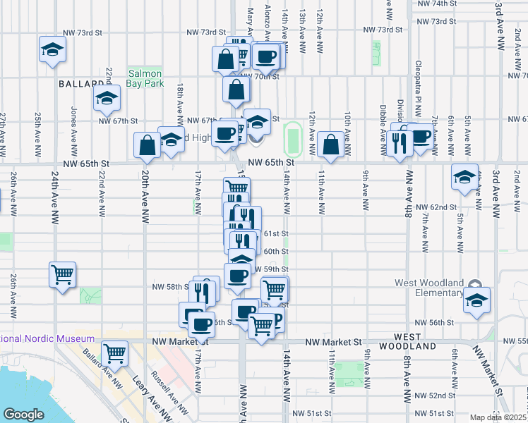 map of restaurants, bars, coffee shops, grocery stores, and more near 1420 Northwest 63rd Street in Seattle