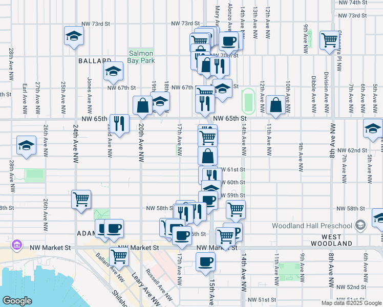 map of restaurants, bars, coffee shops, grocery stores, and more near 1531b Northwest 63rd Street in Seattle