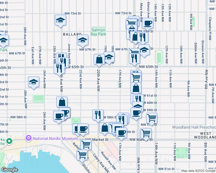 map of restaurants, bars, coffee shops, grocery stores, and more near 1735 Northwest 63rd Street in Seattle