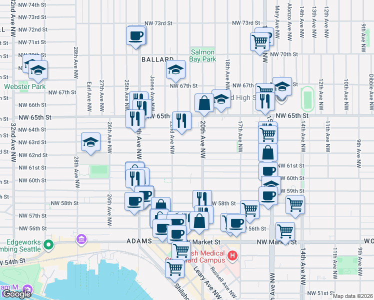 map of restaurants, bars, coffee shops, grocery stores, and more near 2031 Northwest 63rd Street in Seattle