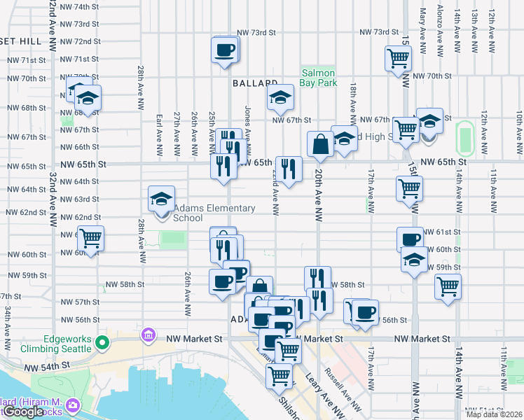 map of restaurants, bars, coffee shops, grocery stores, and more near 2201 Northwest 63rd Street in Seattle