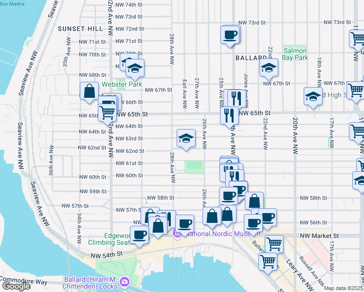 map of restaurants, bars, coffee shops, grocery stores, and more near 2656 Northwest 63rd Street in Seattle