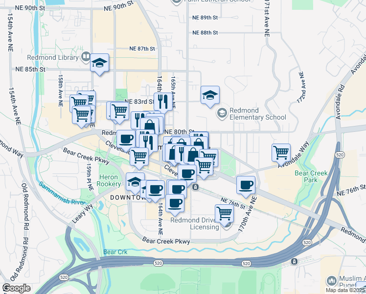 map of restaurants, bars, coffee shops, grocery stores, and more near 16550 Northeast 79th Street in Redmond