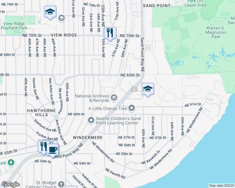 map of restaurants, bars, coffee shops, grocery stores, and more near 6125 Sand Point Way Northeast in Seattle