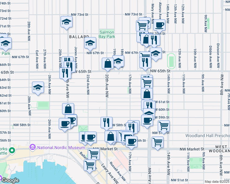 map of restaurants, bars, coffee shops, grocery stores, and more near 1746 Northwest 62nd Street in Seattle