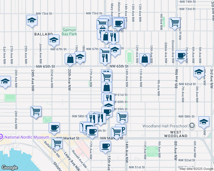 map of restaurants, bars, coffee shops, grocery stores, and more near 6201 15th Avenue Northwest in Seattle