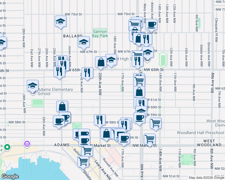 map of restaurants, bars, coffee shops, grocery stores, and more near 1732 Northwest 62nd Street in Seattle
