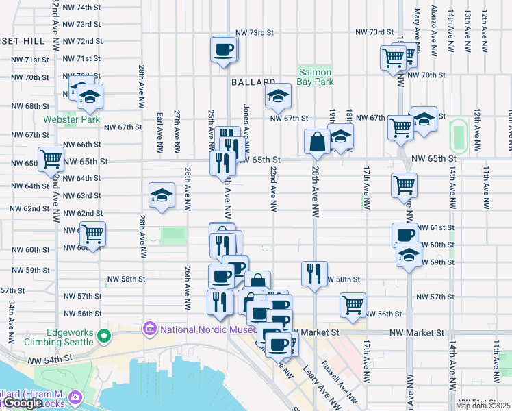map of restaurants, bars, coffee shops, grocery stores, and more near 2224 Northwest 62nd Street in Seattle