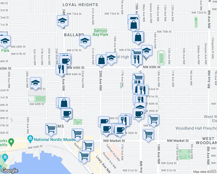 map of restaurants, bars, coffee shops, grocery stores, and more near 1746 Northwest 62nd Street in Seattle