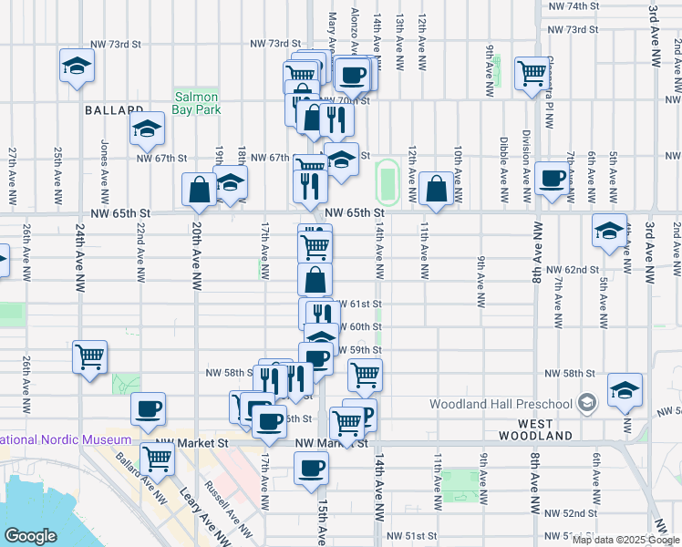 map of restaurants, bars, coffee shops, grocery stores, and more near 6212 15th Avenue Northwest in Seattle