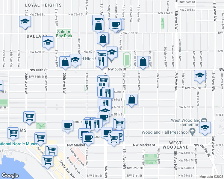 map of restaurants, bars, coffee shops, grocery stores, and more near 6212 15th Avenue Northwest in Seattle