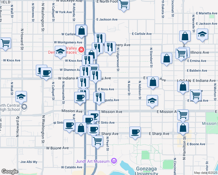map of restaurants, bars, coffee shops, grocery stores, and more near 222 E Indiana Ave in Spokane