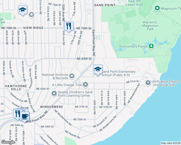 map of restaurants, bars, coffee shops, grocery stores, and more near 5745 Northeast 63rd Street in Seattle