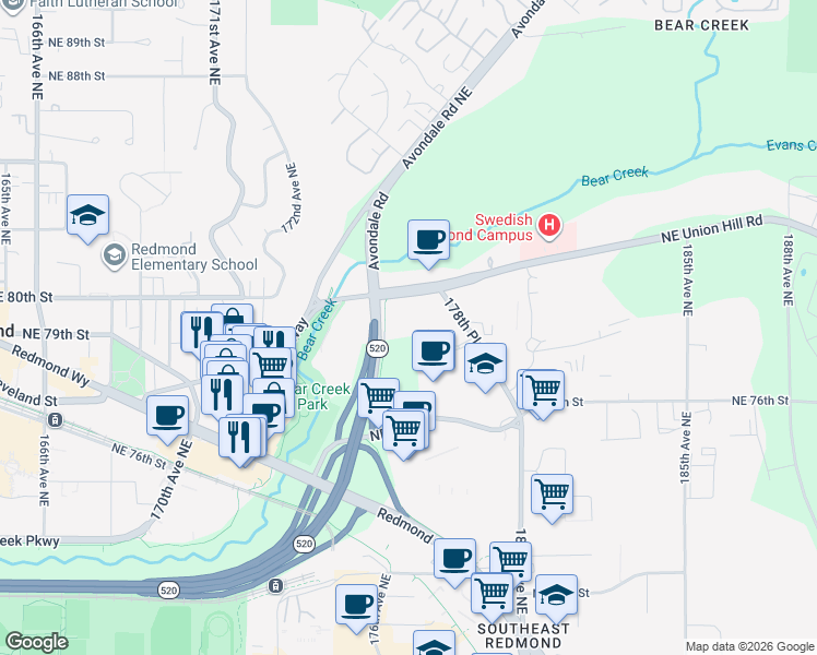 map of restaurants, bars, coffee shops, grocery stores, and more near 17601 Northeast Union Hill Road in Redmond