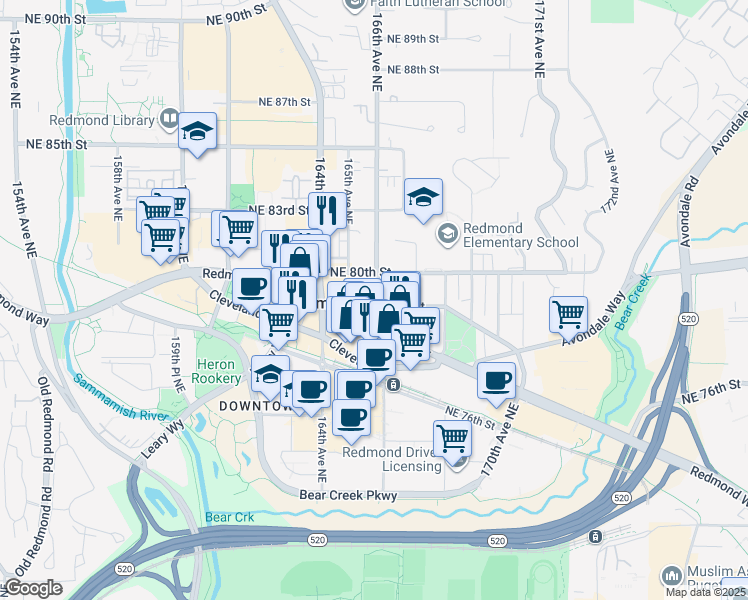 map of restaurants, bars, coffee shops, grocery stores, and more near 16550 Northeast 79th Street in Redmond