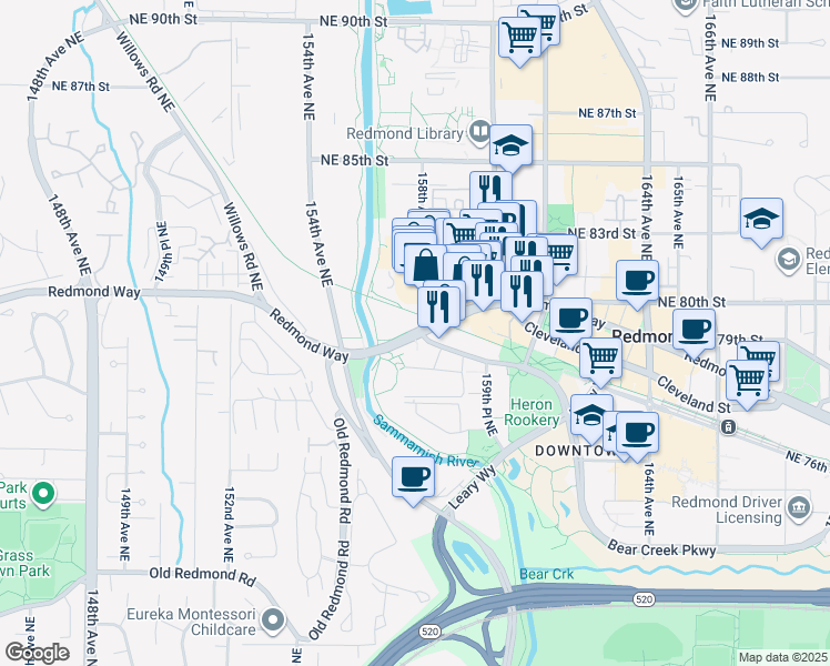 map of restaurants, bars, coffee shops, grocery stores, and more near in Redmond