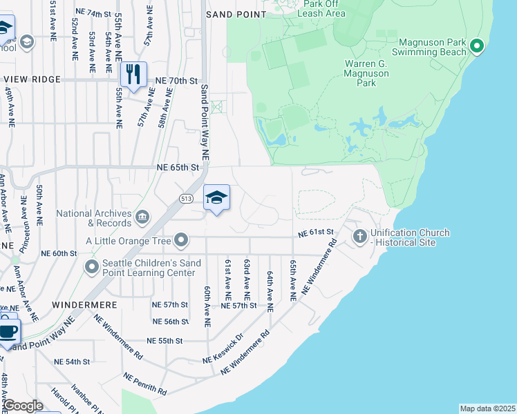 map of restaurants, bars, coffee shops, grocery stores, and more near 6367 Northeast Radford Drive in Seattle