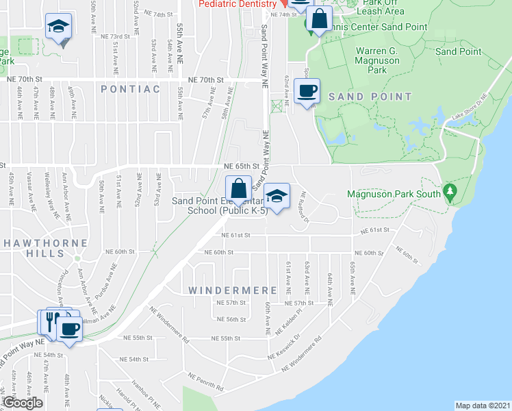 map of restaurants, bars, coffee shops, grocery stores, and more near 6300 Sand Point Way Northeast in Seattle
