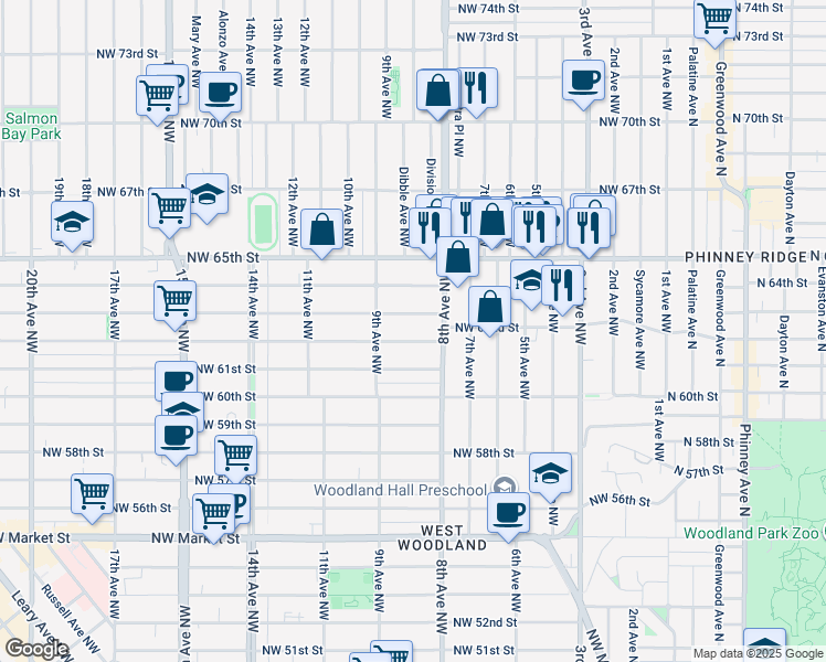 map of restaurants, bars, coffee shops, grocery stores, and more near 822 Northwest 63rd Street in Seattle