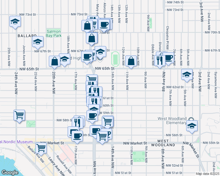 map of restaurants, bars, coffee shops, grocery stores, and more near 1420 Northwest 63rd Street in Seattle