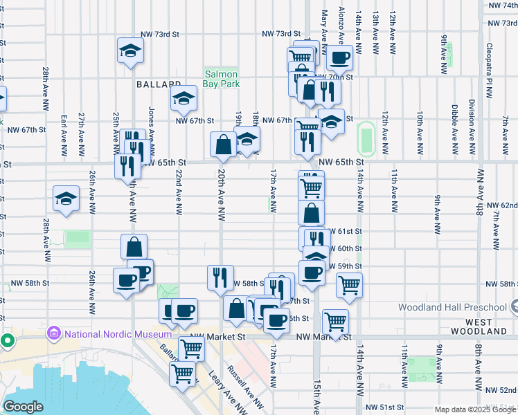 map of restaurants, bars, coffee shops, grocery stores, and more near 1735 Northwest 63rd Street in Seattle