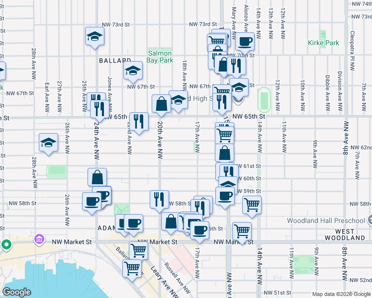 map of restaurants, bars, coffee shops, grocery stores, and more near 1735 Northwest 63rd Street in Seattle