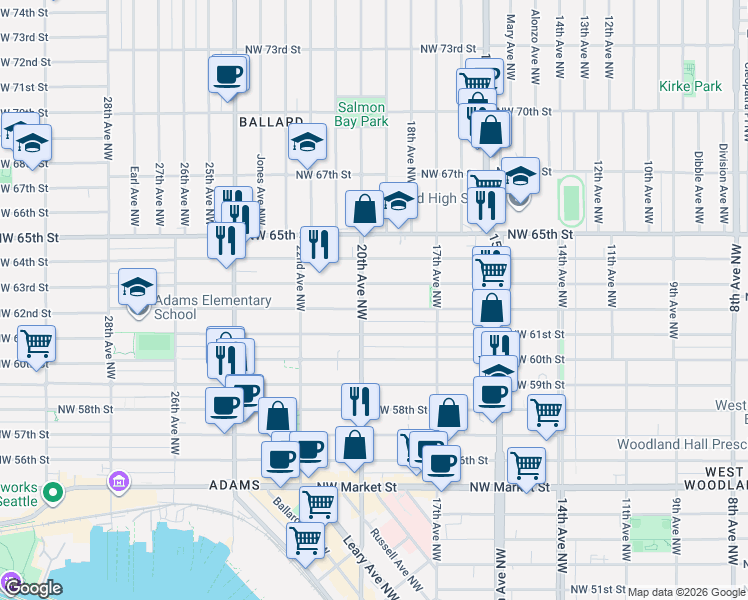 map of restaurants, bars, coffee shops, grocery stores, and more near in Seattle