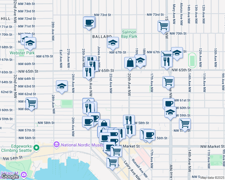 map of restaurants, bars, coffee shops, grocery stores, and more near 2201 Northwest 63rd Street in Seattle