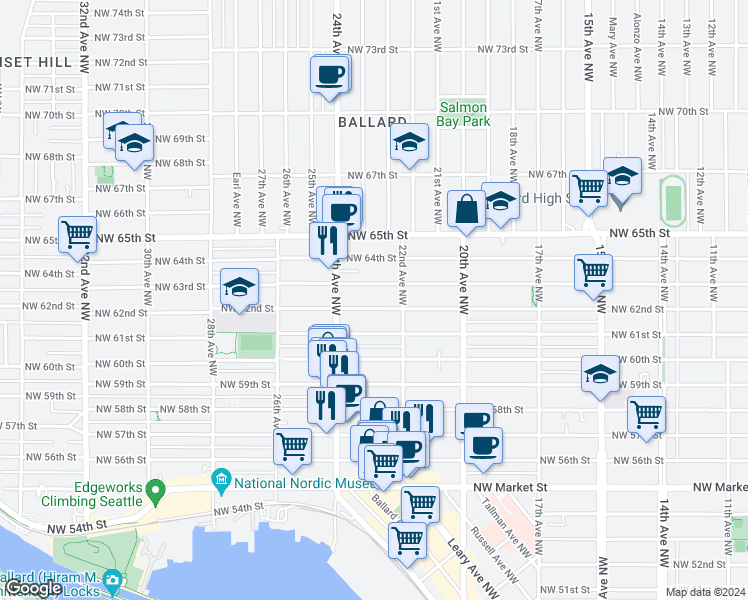 map of restaurants, bars, coffee shops, grocery stores, and more near 2235 Northwest 63rd Street in Seattle