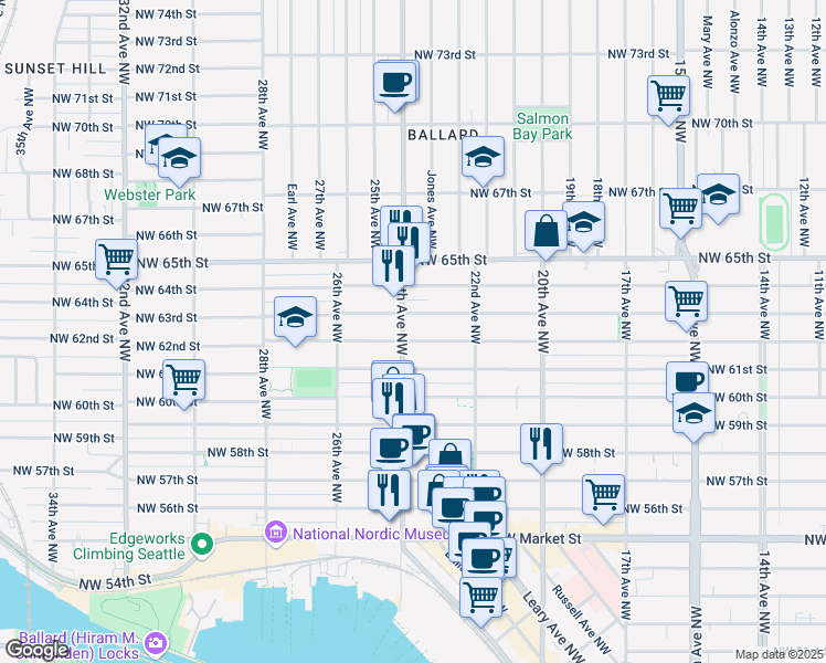 map of restaurants, bars, coffee shops, grocery stores, and more near 2235 Northwest 63rd Street in Seattle