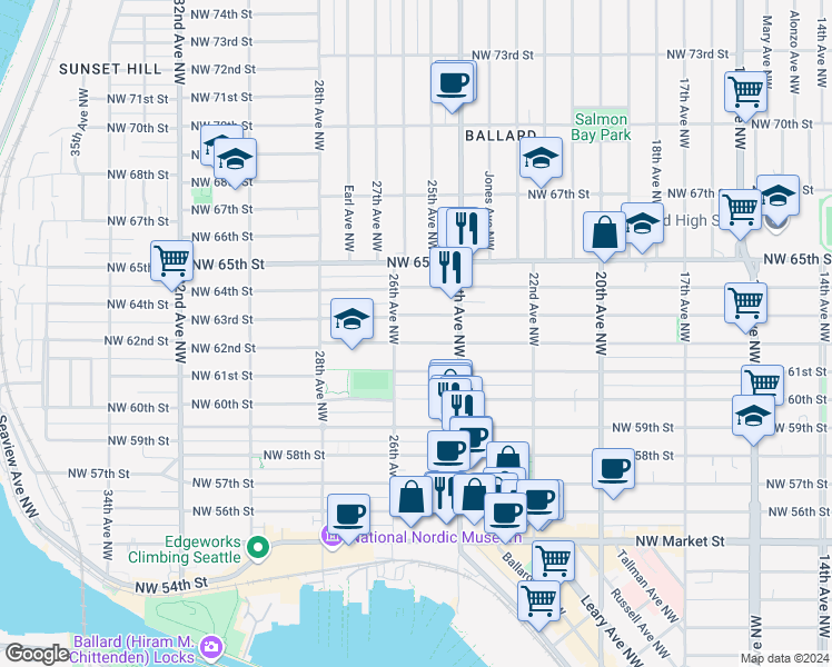 map of restaurants, bars, coffee shops, grocery stores, and more near 2441A Northwest 63rd Street in Seattle