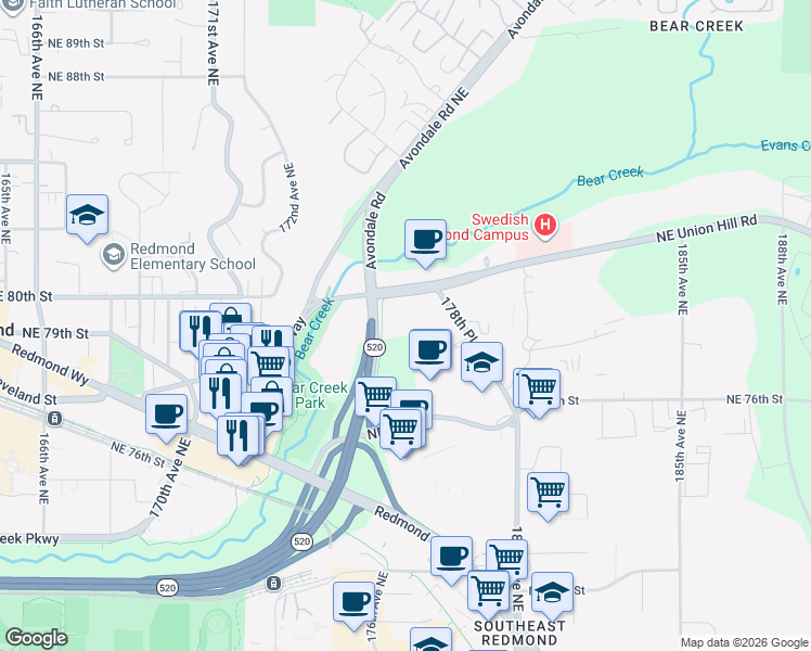 map of restaurants, bars, coffee shops, grocery stores, and more near 17601 Northeast Union Hill Road in Redmond