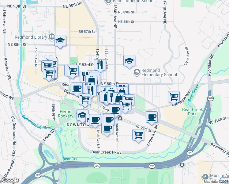 map of restaurants, bars, coffee shops, grocery stores, and more near 16550 Northeast 79th Street in Redmond