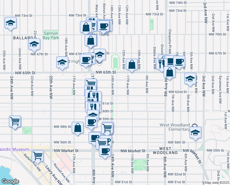map of restaurants, bars, coffee shops, grocery stores, and more near 6206 14th Avenue Northwest in Seattle