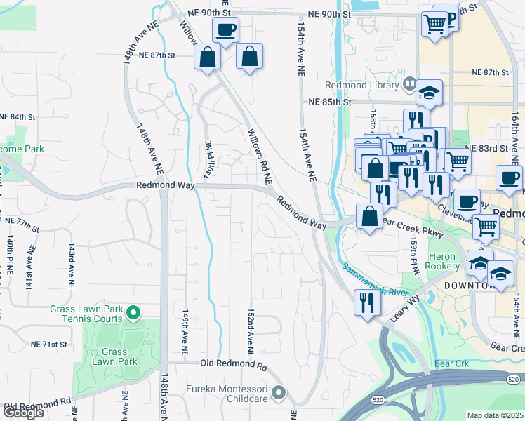 map of restaurants, bars, coffee shops, grocery stores, and more near 15325 Redmond Way in Redmond