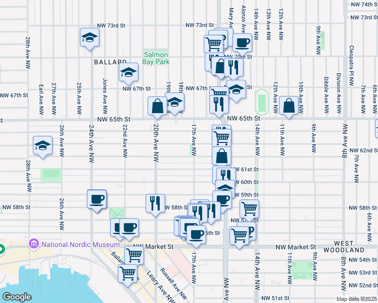 map of restaurants, bars, coffee shops, grocery stores, and more near 1705 Northwest 63rd Street in Seattle